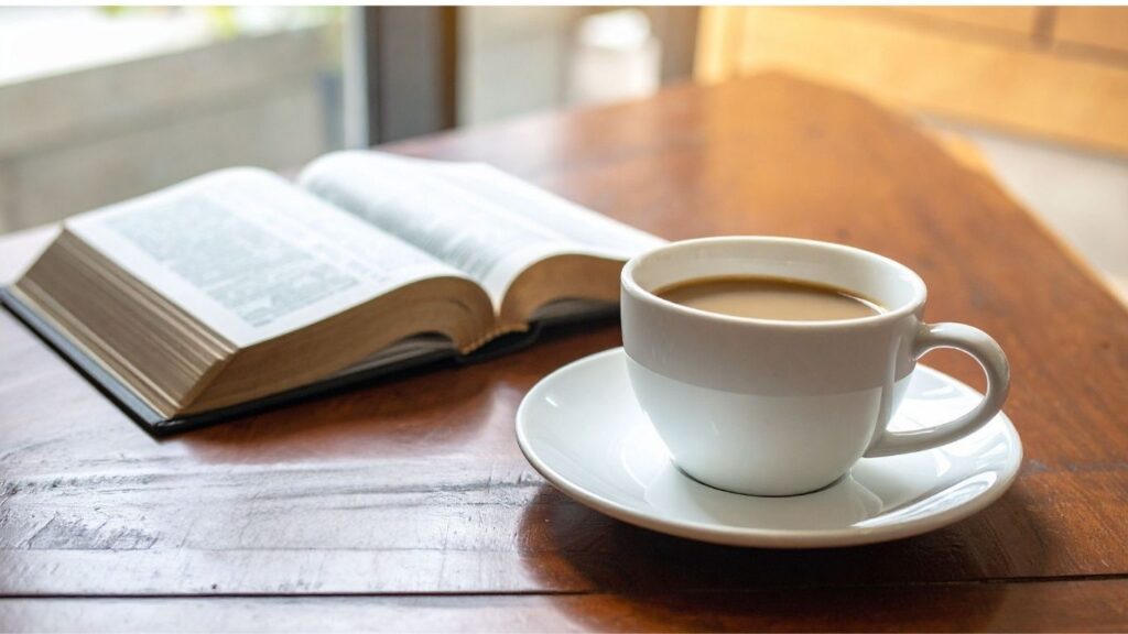 coffee mug and open bible in the morning